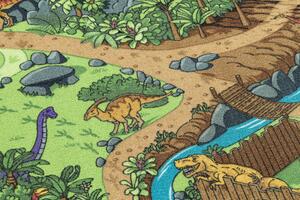 Dětský koberec REBEL ROADS Dino World 29 Dinosauři, protiskluzový - šedý / zelený