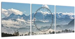 Obraz zasněžených hor (s hodinami) (90x30 cm)