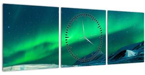 Obraz lidí u polární záře (s hodinami) (90x30 cm)