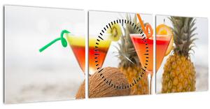 Obraz ananasů a sklenic na pláži (s hodinami) (90x30 cm)