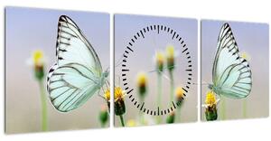 Obraz motýlů na květině (s hodinami) (90x30 cm)