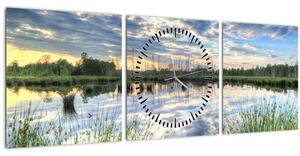 Obraz jezera s rákosím (s hodinami) (90x30 cm)