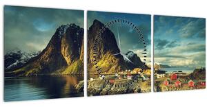 Obraz rybářské vesnice v Norsku (s hodinami) (90x30 cm)