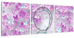 Obraz květů na stříbrném kmeni - abstrakt (s hodinami) (90x30 cm)