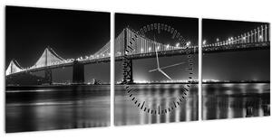 Obraz - Černobílý most (s hodinami) (90x30 cm)