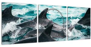 Obraz - Delfíni v oceáně (s hodinami) (90x30 cm)