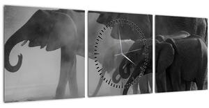 Obraz slonů - černobílý (s hodinami) (90x30 cm)