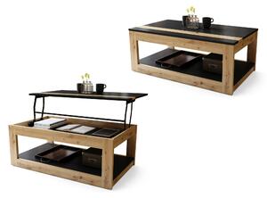 Mazzoni LUSSO Černá Matná/Dub Artisan - MODERNÍ KONFERENČNÍ STOLEK SE ZVEDACÍ STOLNÍ DESKOU + ODKLÁDACÍ POLICE (NA KOLEČKÁCH!)