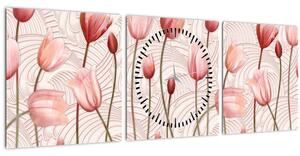 Obraz - Růžové tulipány (s hodinami) (90x30 cm)
