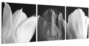 Obraz - Černobílé květy tulipánů (s hodinami) (90x30 cm)