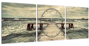 Obraz dřevěného mola na moři (s hodinami) (90x30 cm)