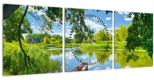 Obraz letní řeky s loďkou (s hodinami) (90x30 cm)