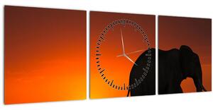 Obraz slona při západu slunce (s hodinami) (90x30 cm)