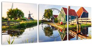 Obraz nizozemských mlýnů (s hodinami) (90x30 cm)