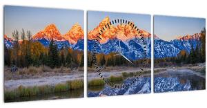 Obraz zasněžených horských štítů (s hodinami) (90x30 cm)