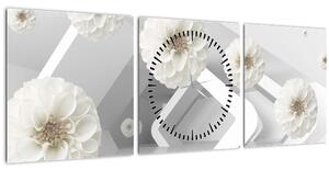 Abstraktní obraz s bělostnými květy (s hodinami) (90x30 cm)