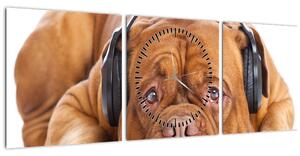 Obraz psa se sluchátky (s hodinami) (90x30 cm)