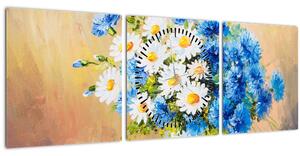 Malovaný obraz vázy květin (s hodinami) (90x30 cm)