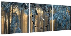 Obraz zasněženého lesa (s hodinami) (90x30 cm)