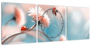 Obraz - Berušky na květu (s hodinami) (90x30 cm)