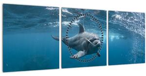 Obraz - Delfín pod hladinou (s hodinami) (90x30 cm)