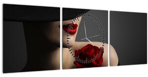 Obraz - Žena s růží (s hodinami) (90x30 cm)