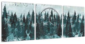 Obraz - Zvířata v lese (s hodinami) (90x30 cm)