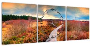 Obraz - Podzimní cesta krajinou (s hodinami) (90x30 cm)
