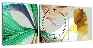 Obraz - Listy s peříčkem (s hodinami) (90x30 cm)