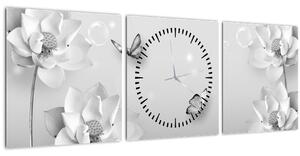 Obraz - Květinový design s motýlky (s hodinami) (90x30 cm)