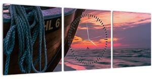 Obraz loďky na břehu (s hodinami) (90x30 cm)