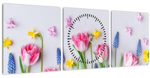 Obraz jarních květin (s hodinami) (90x30 cm)