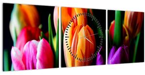 Obraz tulipánů na černém pozadí (s hodinami) (90x30 cm)