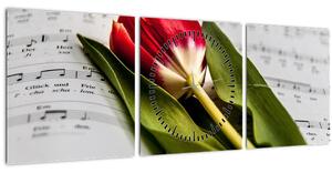 Obraz červeného tulipánu (s hodinami) (90x30 cm)