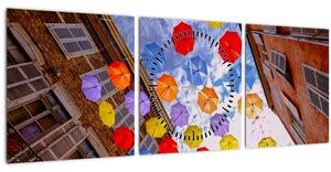 Obraz barevných deštníků (s hodinami) (90x30 cm)