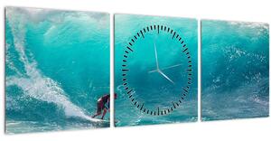 Obraz surfaře ve vlnách (s hodinami) (90x30 cm)