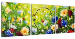 Obraz divokých květin (s hodinami) (90x30 cm)