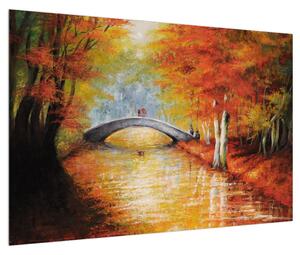Podzimní obraz mostu přes říčku (90x60 cm)
