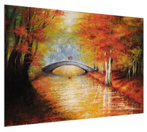 Podzimní obraz mostu přes říčku (100x70 cm)