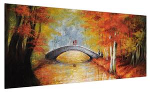 Podzimní obraz mostu přes říčku (100x40 cm)