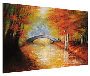 Podzimní obraz mostu přes říčku (120x80 cm)