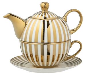 Bílo-zlatý pruhovaný Tea for One v dárkové krabičce - 16*14*13 cm / 420 ml - J-Line by Jolipa