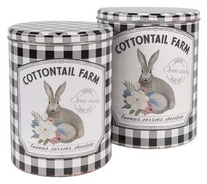 Set 2 bílo-černých plechových krabiček Cottontail Farm s motivem králíčka – 20x24/17x23 cm