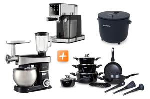 MEGAKOMBO Kuchyňský robot BestBerg BBR-2000BK + 15dílná sada nádobí BBN-1015A + Nízkosacharidový rýžovar BBRC-100 + Pákový espresso kávovar s napěňovačem BBCF-2032