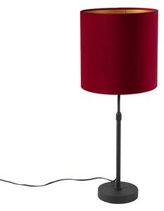 Stolní lampa černá s velurovým odstínem červená se zlatem 25 cm - Parte