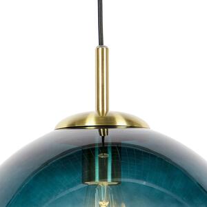 Art deco závěsná lampa mosaz s oceánem modrým sklem 33 cm - Pallon