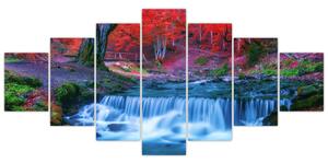 Obraz vodopádu v červeném lese (210x100 cm)