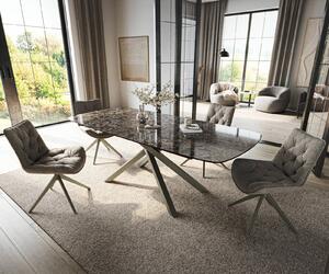 DELIFE Jídelní stůl Edge oválný tvar 180-220×100 cm keramika Emperador Extra Lucidato tmavě hnědá křížová podnož obdélníkový design titanová barva rozkládací