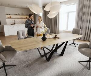 DELIFE Jídelní stůl Edge oválný tvar 200-300×120 cm keramika Laminam® Sabbia dubová barva Spider plochá ocel černá rozkládací