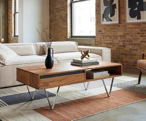 DELIFE Konferenční stolek Stonegrace 115x60x35 cm akácie přírodní břidlice 2 zásuvky 1 přihrádka
